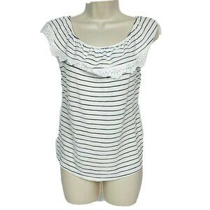 Cato Blouse Top Black White Striped Lace Fringe Small
